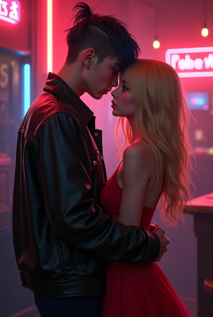 A blonde girl has her arms crossed around the neck of a boy who is an Angel who has his hands on her waist, She has a short dress and he has a leather jacket, They are in a disco and the boy is strong, She has some beautiful stumps