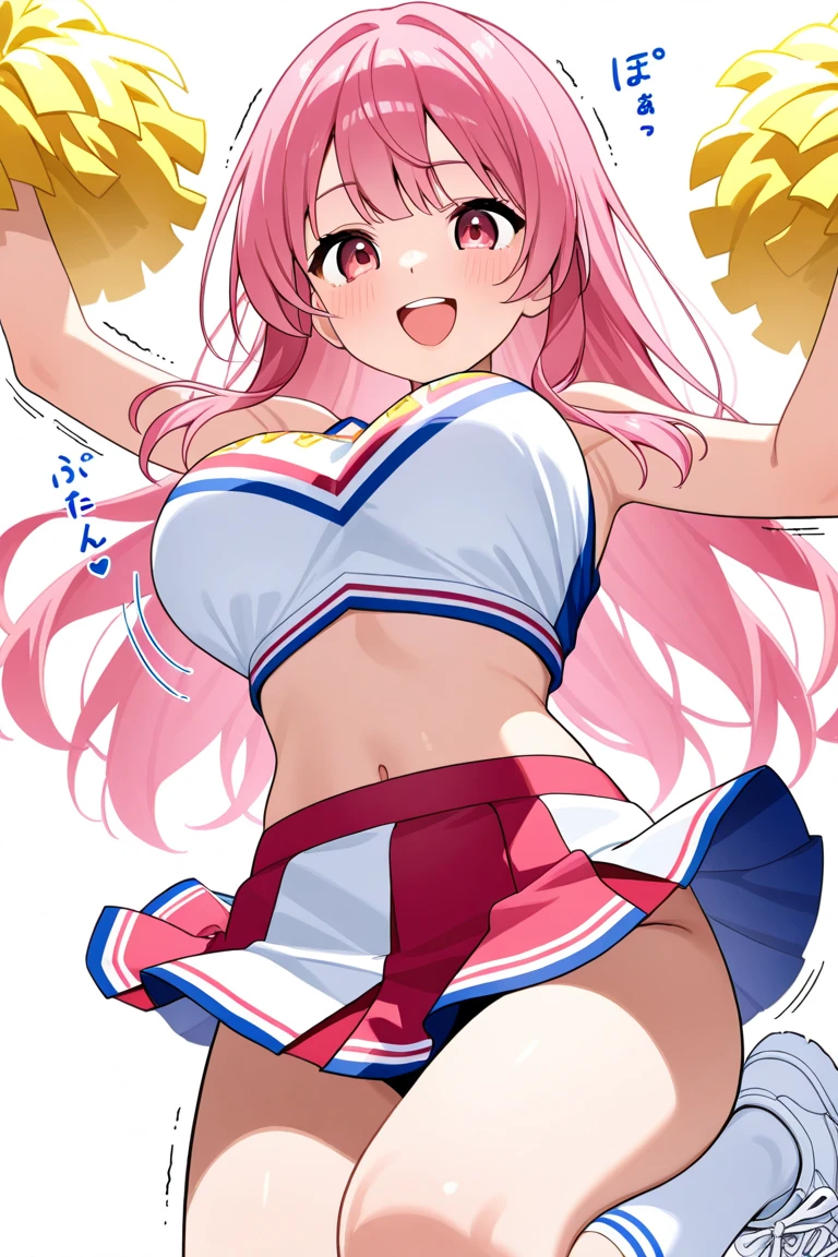 (Maste Piece Best Quality High Resolution Perfect Pixel Depth of Field 4K )1 girl looking at viewer perfect body,
Masterpiece highest quality yuigahama yui, short hair, pink hair, single hair bun,
blush, smile, open mouth, huge breasts,
(pink cheerleader, sweat, skirt lift, underbelly breast, green panties, from below:1.2)
