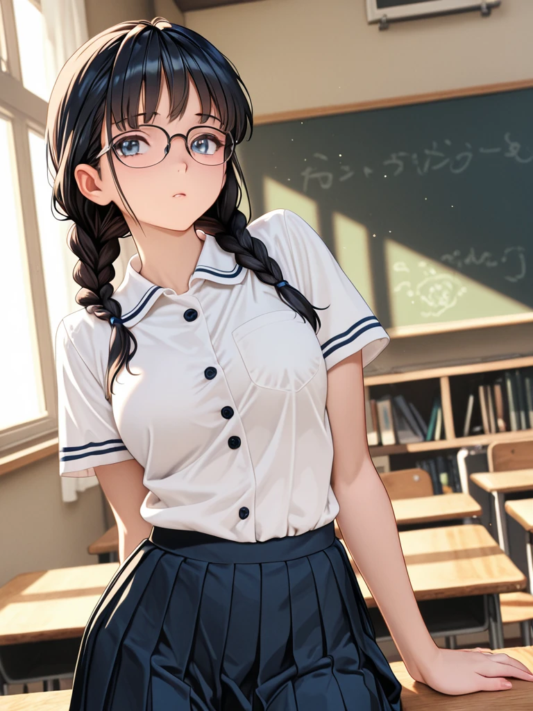 score_9, score_8_up, score_7_up, score_6_up, score_5_up, score_4_up, (source_anime), Delicate beautiful girl, tactile hair, black hair, glasses, classroom, big hip, sailor suit, Pleated skirt, black pantyhose, brainwashed, hollow eyes, sweaty, Turn your ass, ahegao(((NSFW)))((question mark))((lower body))