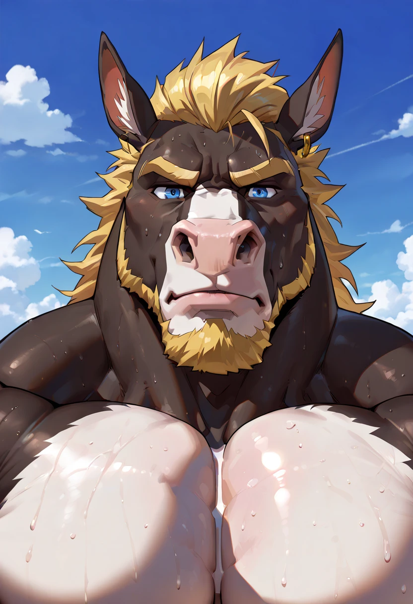 a man wearing cowsuit, cow horns, cow ears, cow tail, farm, <lora:Clothing - Gay Cow Suit:0.6>, (smirk:0.7), best quality, extremely detailed, intricate details, male focus