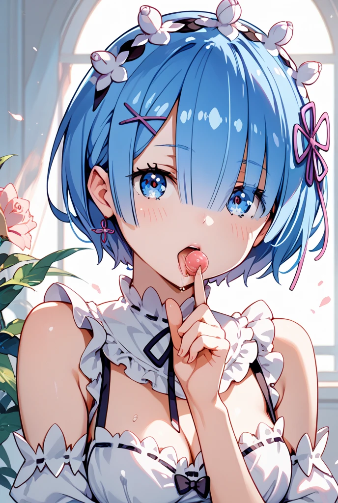 (masterpiece:1.2), hyper detail, best quality, (intricate_details:1.1), beautiful detailed, beautiful hair,short cut hair, solo, 1girl,ONE SIDE UP,Rem,(sweating:1.2),(steam),heavy breathing,steam,blush,open mouth,from above,shoulder,((camisole)),cleavage,dark,backlighting, shoulder focus,breasts focus,upper body,greasy breasts,breasts focus, shoulder focus,pov,in bed room,BREAK 1boy,hand job,grab penis,cum,cum on breasts,