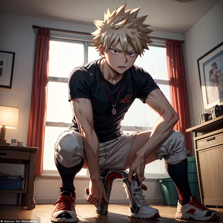Bakugou Katsuki sitting on a sofa in a living room. Looking at the viewer. White shirt, red shorts with huge bulge, holding red and white balloons, (balloons:1.5) (candles:1.5)