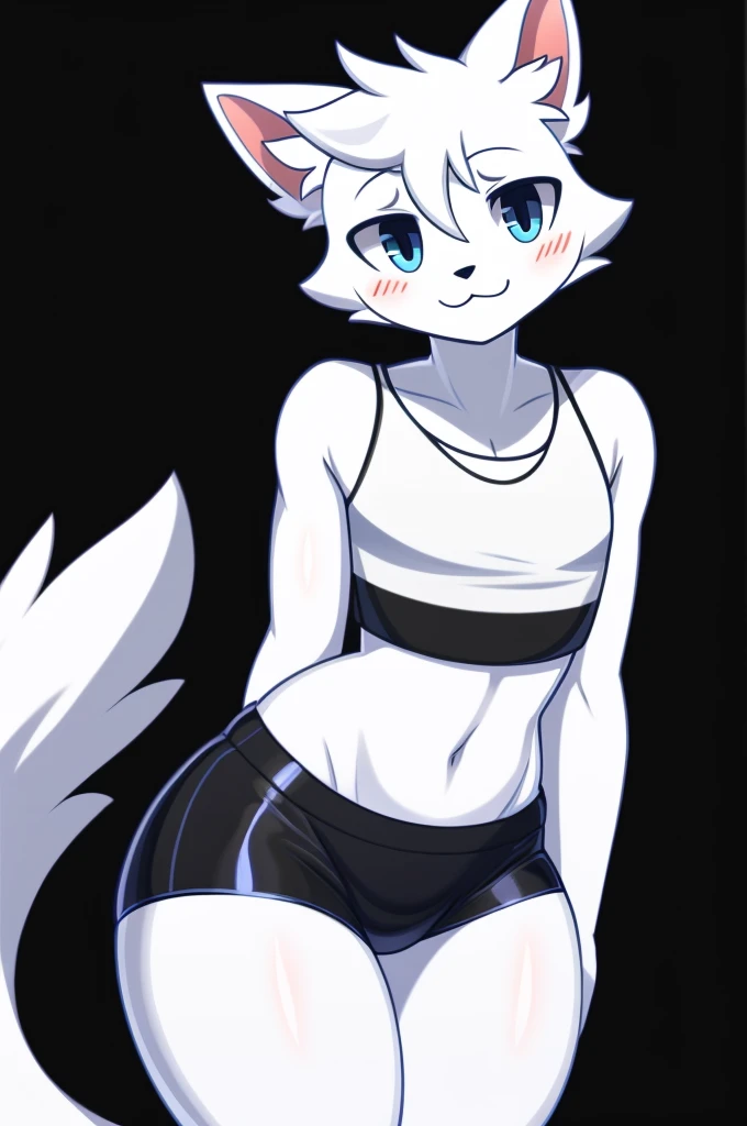a slim white female wolf furry with blue eyes, wearing black sports bra and black shorts, blushing and nervous, hand behind back