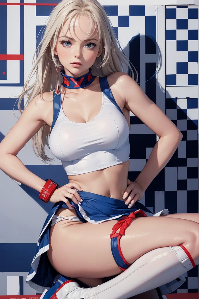 Obra maestra, La mejor calidad, A high resolution, 1girll, Cammy blanco, pelo corto, Pelo de antena, ojos azules, cicatriz en la mejilla, senos grandes, Gargantilla negra, 鎖骨, Sujetador deportivo, diafragma, Guantes sin dedos, Guantes negros, pantalones negros, En pie, Disparo de vaquero, al aire libre, Brazos a los lados, Directo,