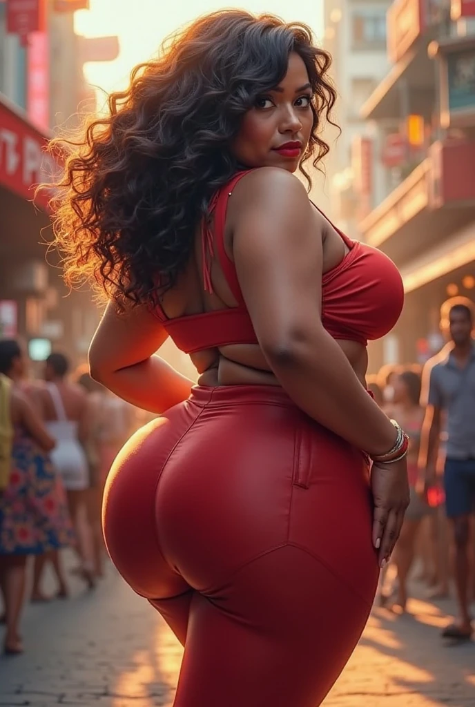 (melhor qualidade,4k,8k,alta resolução,masterpiece: 1,2), (obra prima), (girl negra caminhando pela rua, pele de ebano, BBW, 20 anos), cintura fina, (bunda enorme, Sagging Tits: 1,9), cabelo afro, caminhando , (bright red leather tube dress, botas vermelhas), sexy, sensual, hot, sorridente, (Sagging Tits: 1,9), decotes, bunda enormes. ((mesmo personagem, headpe, lado, costas)), (perfect hands), enquadramento afastado, (full body)