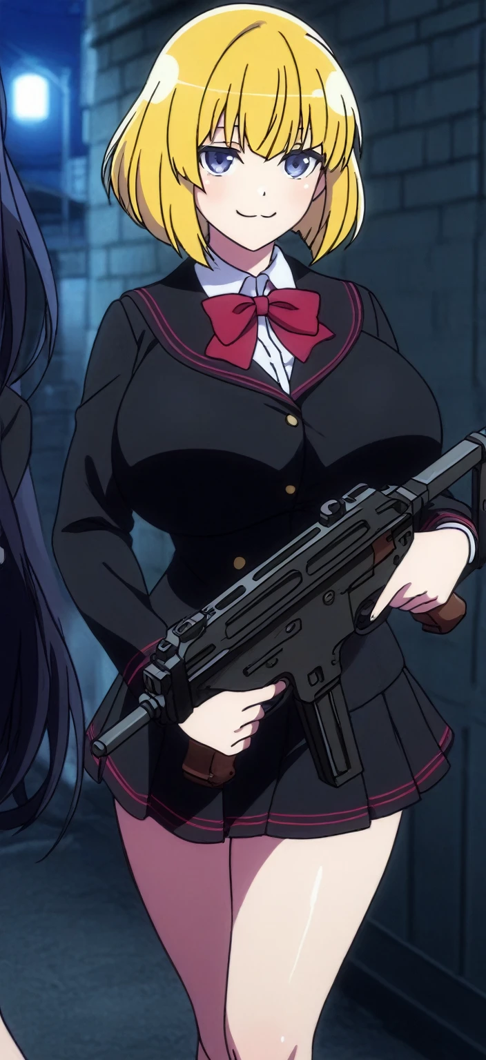 1girl, kanzaki rin,, standing,
deep purple eyes, dark purple hair, long hair,  medium breast, ear piercing, long hair, blush, lipstick,Hot girl, baddie, staring, glaring, bad attitude, mean girl, dare, angry, hate, crazy, smoking, sensual, attractive ,jewelry, earrings, complex detailed background, casino environment, fancy interior environment, rich
interior, masterpiece, best quality, highly detailed, a anime girls in maid uniforms with a gun posing for a
picture, maid outfit, cleavage, evil smile, smile, open mouth ,ecchi anime style, anime girls, ecchi style,
ecchi, digital anime art!!, in anime style, official artwork, (nsfw) not safe for work, beautiful anime maid
girl, anime style 4 k, micro skirt, exposed belly, exposed navel, exposed midriff, exposed lower belly,
holding a gun,