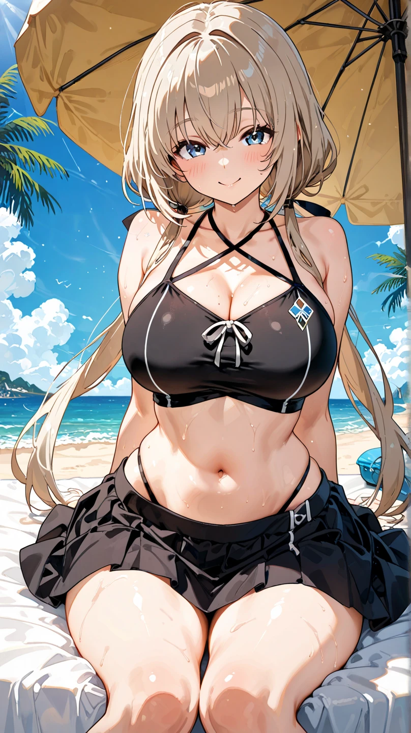 ,,Blonde hair ,resort beach,smile,,solo,large breasts,,blush,milf, solo,view viewer, ,necklace,narrow waist,,white skin,cowboy shot,open mouth, beach, long hair, blonde,beach,outdoor,blue sky,ocean,,tall,military uniform