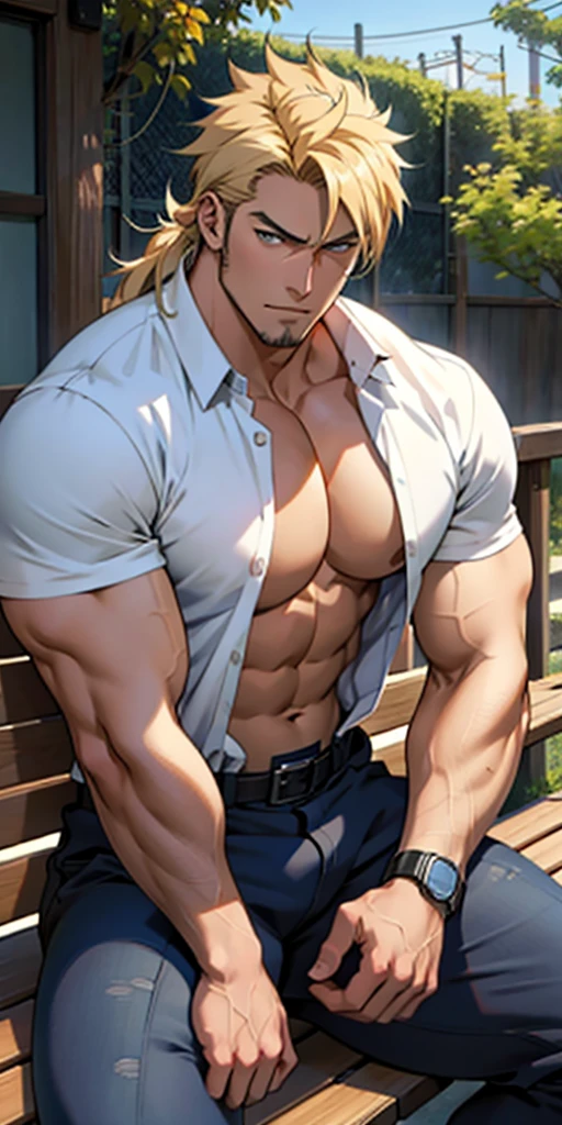 (masterpiece, best quality:1.2), (1boy), solo, 8k, white hair, long hair, glasses, green eyes, handsome male, very detailed, broad shoulders, tall, doctor, tattoos, anime style, in a clinic, muscular chest