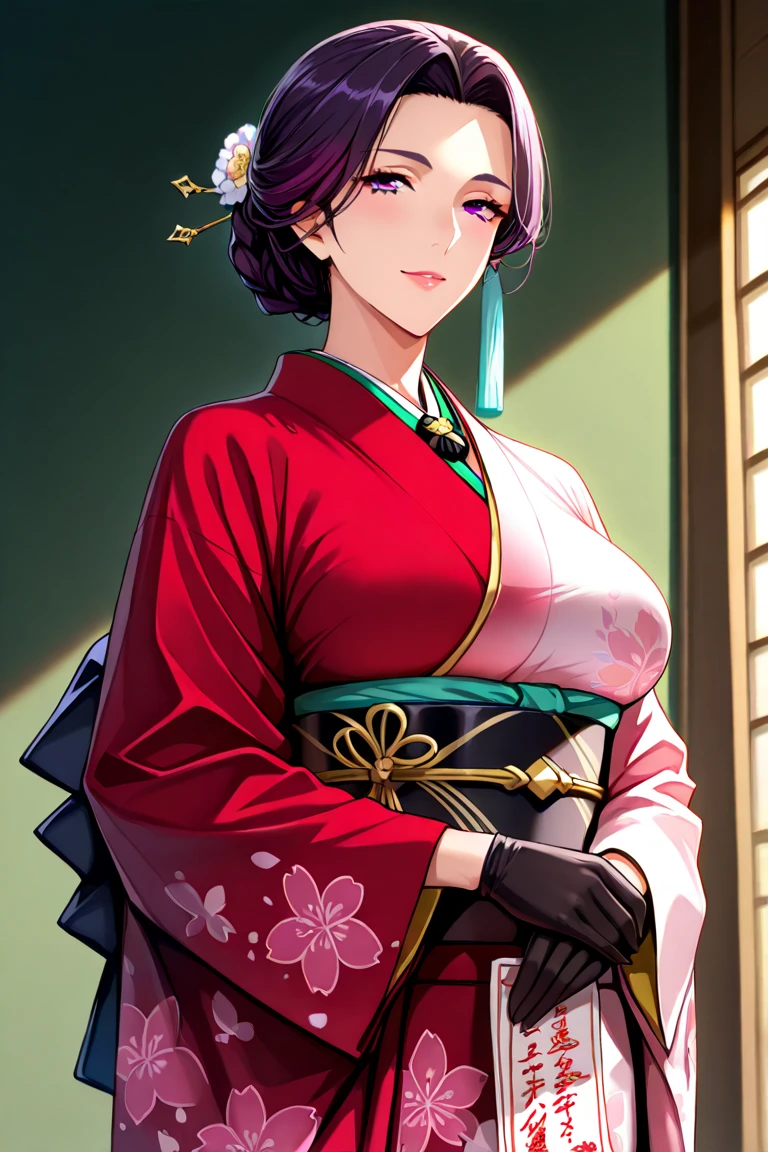 ((8k wallpaper of extremely detailed CG unit, masterpiece, hight resolution, top-quality, top-qualityのリアルテクスチャスキン)), ((a very beautiful woman, Plump lips, The upper part of the body, Japanese pattern haori,)), ((colorful wall with geometric pattern, Japanese pattern wall, warm color, butterflys, florals)), hyper realisitic, digitial painting,Pink hair、Pink eyes、Red kimono