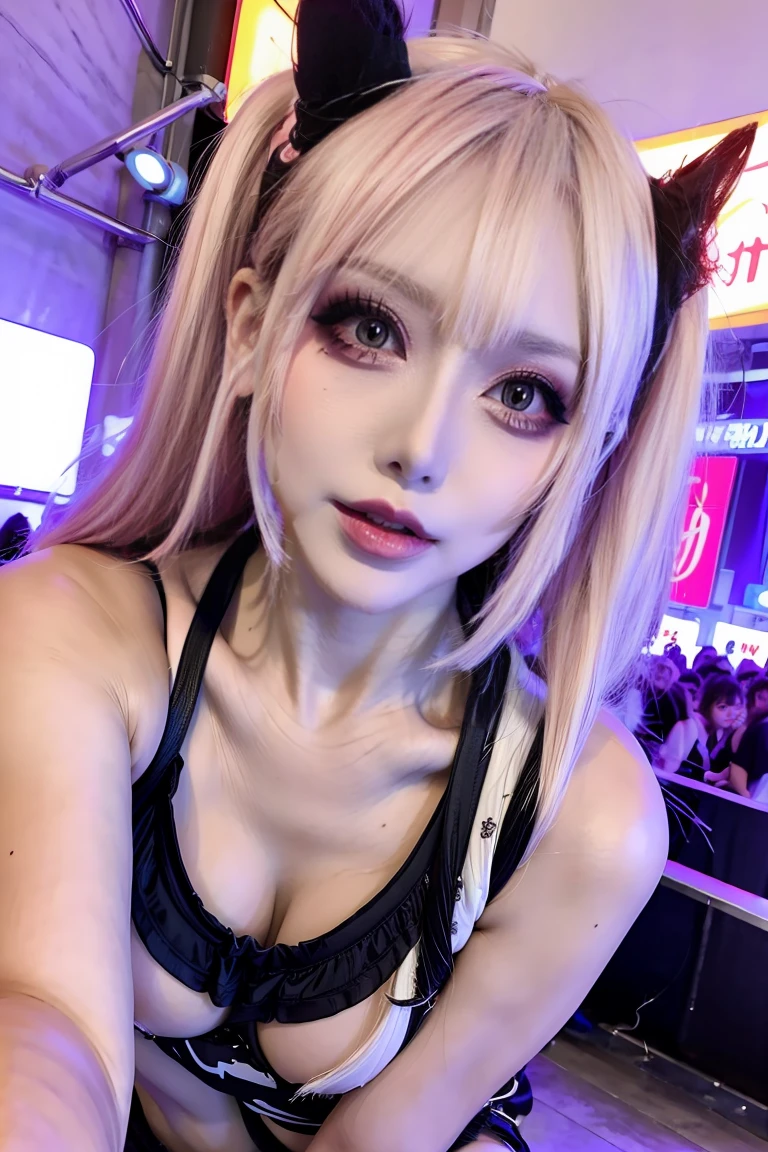 (masutepiece, Best Quality, 8K, (fullnude:1.0)、Sharp Focus, (large full breasts:1.5)、(Show your nipple)、(No bra),full body Esbian、NSFW
, depth of fields, Best Shadows, perfect lights, nffsw, Realistic skin texture, hyper detailed background, A detailed), 2 women kissing (One of them has green eyes, White skin, Black hair and ponytail, Choker, slim, makeup, eye line, Glitter), (Other women have blonde hair), in the nightclub, cyberpunk theme, Cyberpunk City.