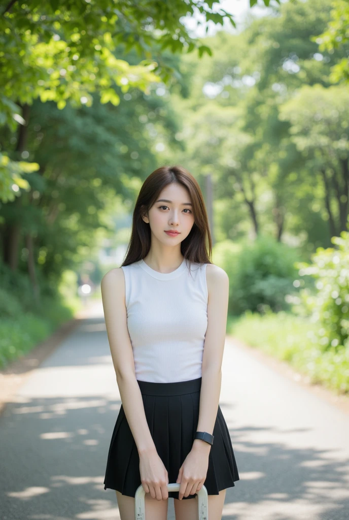 Selfie-style images。Young fair-skinned Japanese woman。Walking in the park wearing a short-sleeved summer knit made of cool fabric。Sexy chest。The sky is cloudy。Selfie-style images。