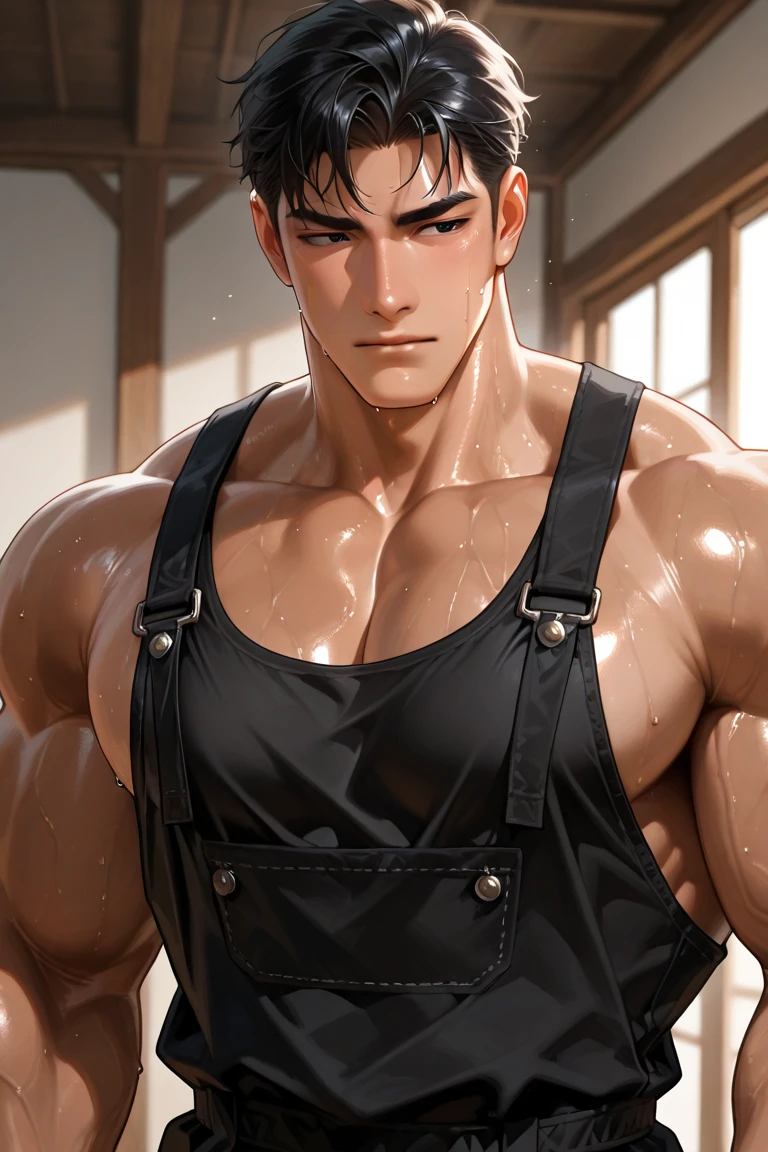high quality, detailed, Realistic,flexing, (19 years old japanese bulky wrestler boy), (detailed black eyes), (black short hair), (muscle:1.5), (dark skin), dungeon bedroom, (leather tiny thongs), (bulge:1.2), detailed nipples, laying, erected,