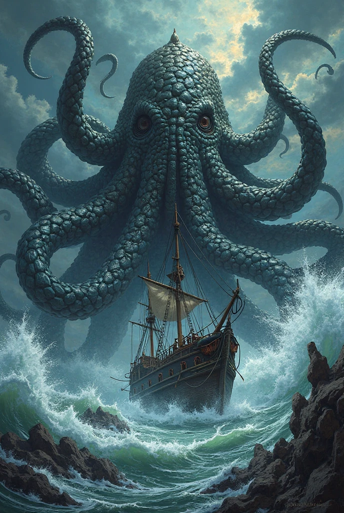 A haunting and mesmerizing depiction of H.P. Lovecraft's iconic creature, Cthulhu, emerging from the depths of a stormy sea. The sea is a churning mass of dark blue and black waves, with a thunderous sky reflecting the turmoil above. In the center of the scene, an unfortunate trader ship is tossed amidst the chaos, its sails torn and its crew in despair. The painting style evokes the surreal and unsettling atmosphere of Zdzisław Beksiński, with an oil-painted texture and vivid colors that bring the horrifying scene to life., illustration