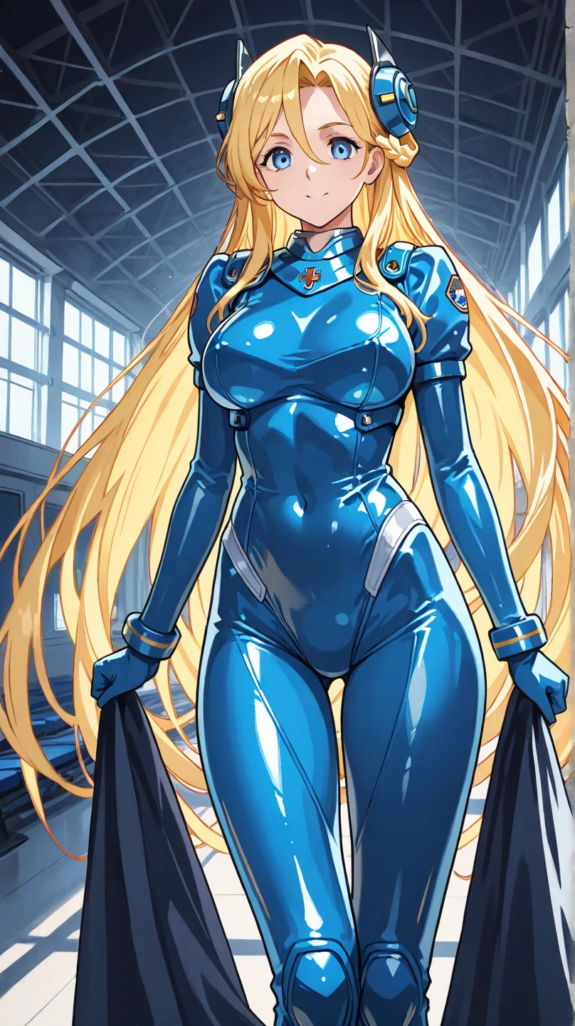 high resolution, masterpiece, high quality, perfect face, perfect eyes, Princess Nina Aslato, long blonde hair, long elf ears, tiara, blue leotard, miniskirt, high heels, feet together, white elbow gloves, huge breasts, cheerful, bedroom background (indoors) sunset thru window