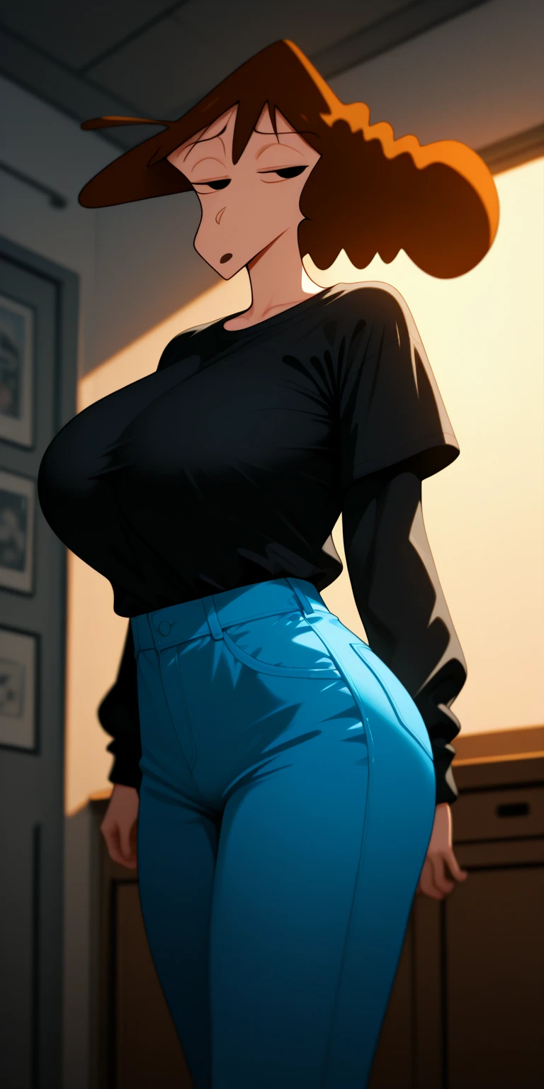 ((Masterpiece)), perfect anatomy, perfect shading, field of depth, (best quality), extremely delicate and beautiful, perfect lighting, detailed face, ultra cute face, cute, (cowboy shot 1.2), (turned to side 1.2), full body, (((1girl))), ((solo)), looking at viewer,
long hair, fluffy hair, orange hair, ponytail, freckles, green eyes, pale skin, ((blush)), shy, nervous, (black turtleneck sweater 1.5), (jeans 1.2), belt, extremely tight clothes, large breasts, perky breasts, ((wide hips)), (((thick thighs))), (big butt), ((curvy)),
cafe, intricate background, detailed background, hand on hip, sexy pose,