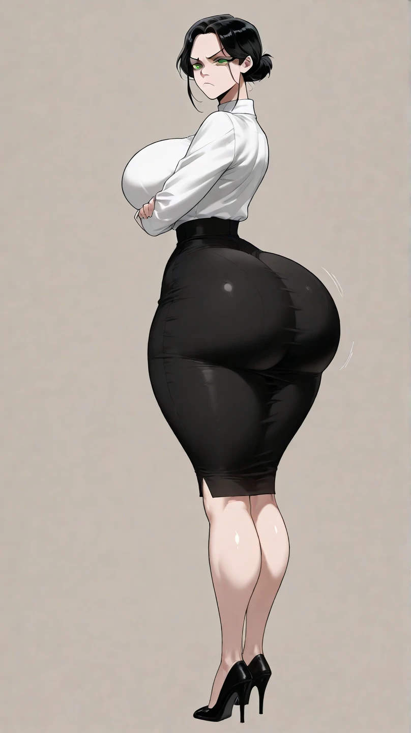 A close-up of just the woman's big ass. In an office environment. A woman with blonde hair and wide hips, and a big thick ass is wearing a tight black dress. She is walking beside a man in a suite. The man is groping, squeezing, and grabbing her big ass.