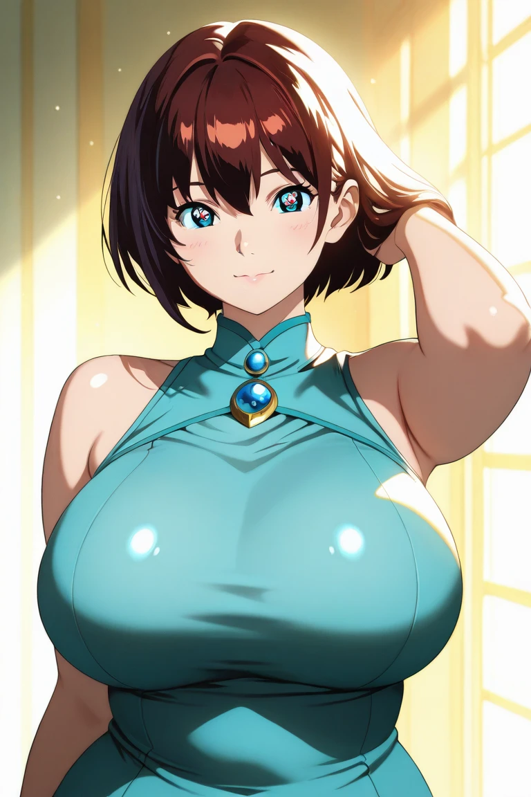 An anime-style artwork depicting ruan mei from the game Honkai star rail.
Tags: ruan mei, anime, detailed eyes, detailed lips, black medieval armor, smiling expression, intense gaze, glowing emblem on hand, dynamic pose, mystical background, vibrant colors, digital art, high-resolution, professional quality, gigantic breasts, (underboob : 1.4), curvy, cowboy shot, (gigantic breasts: 1.4), green eyes, (light brown hair)