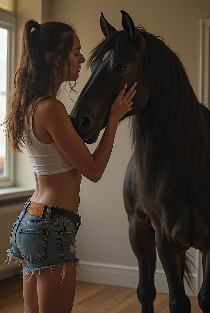 cria um cavalo de cor dourado com uma mulher montada em cima bem atraente e maravilhosa