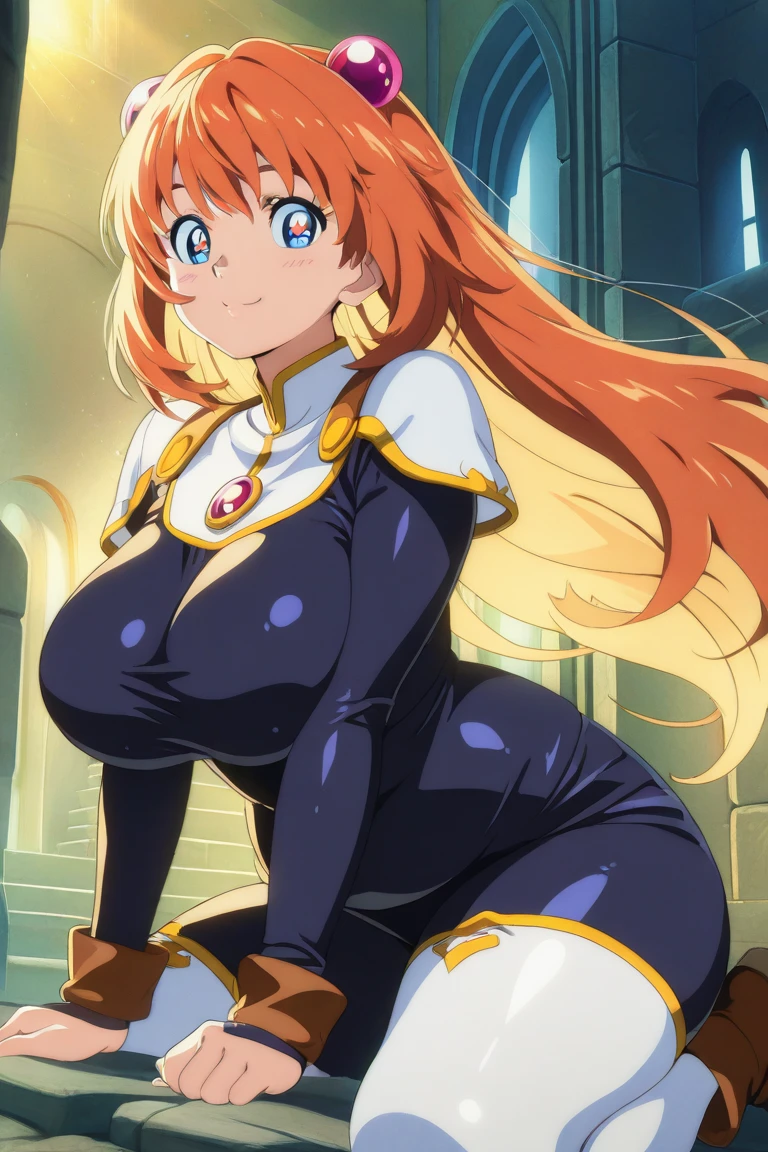 1girl,solo,(cowboy shot),standing,(blonde hair:1.2),long hair,(orange eyes:1.2),(golden hair brooch:1.1),(beautiful fingers:1.4),(perfect anatomy:1.6),(arms_behind_back:1.4),(cold_shoulder:1.2),(pure white silk lace glossy lamé leotard:1.5),(latex luster shiny glossy metallic:1.4),(shiny_clothes:1.4),small breasts,masterpiece,best quality,(Ultra high definition eyes:1.2),8k,(Beautiful detailed eyes:1.2),(Fine and beautiful eyes:1.2),(pretty eyes:1.2),finely detail,extremely CG, absurdres,high resolution,illustration,Detailed and beautiful outlines,finely detail,high resolution,(colorful refraction:1.4,Increase saturation:1.2),beautiful lighting,dynamic lighting,closed room,black background,simple background, smile,looking at viewer,leona,(pure white cape),gold choker,(white Clear PVC sheets sleeves:1.4),(sheer sleeves:1.4),(see-through sleeves:1.4),(wide sleeves:1.2),(gold thigh boots)