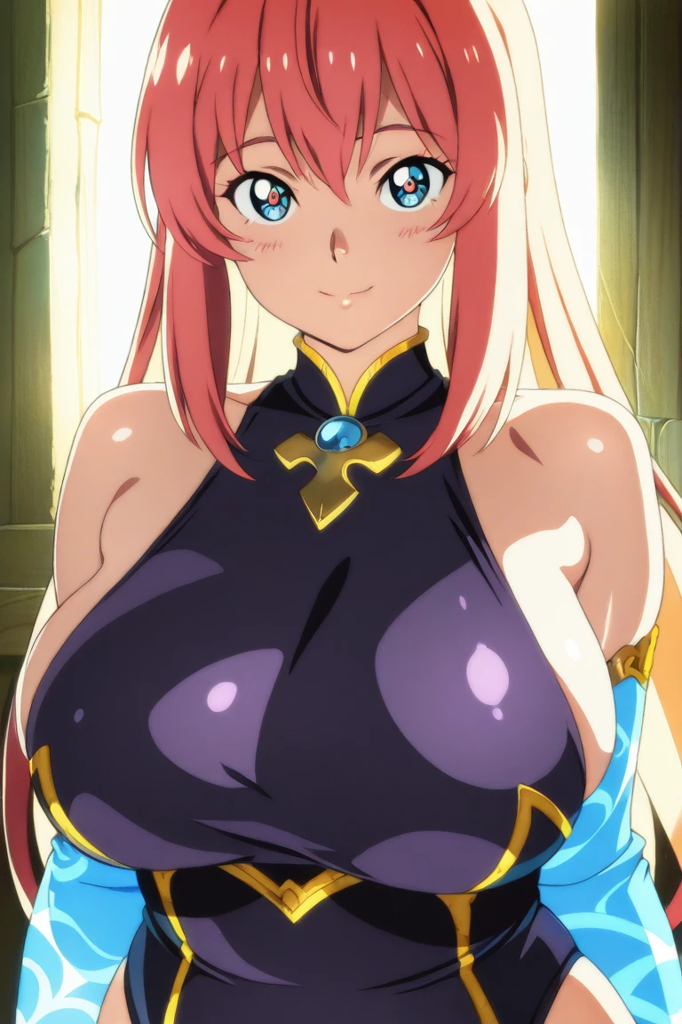 Masterpiece ultra high quality girl with very large breasts and golden hair with satisfied smile naked with shapely bottom somewhat meaty legs in long black thigh-high stockings is fucked by a guy