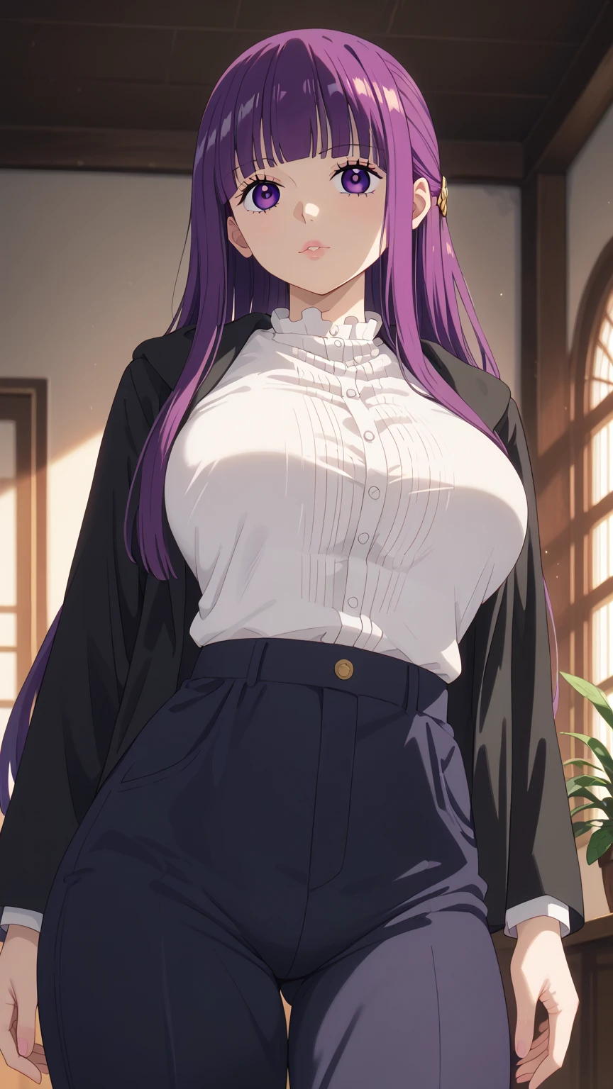 best quality, masterpiece, 1girl, (solo:1.1), raytracing, ultra detailed,detailed face, 8k wallpaper, wide hips, FernNDV, 1girl, purple hair, purple eyes, large breasts, long hair, open clothes, black robe, white shirt, smile, outdoor, hands on hips