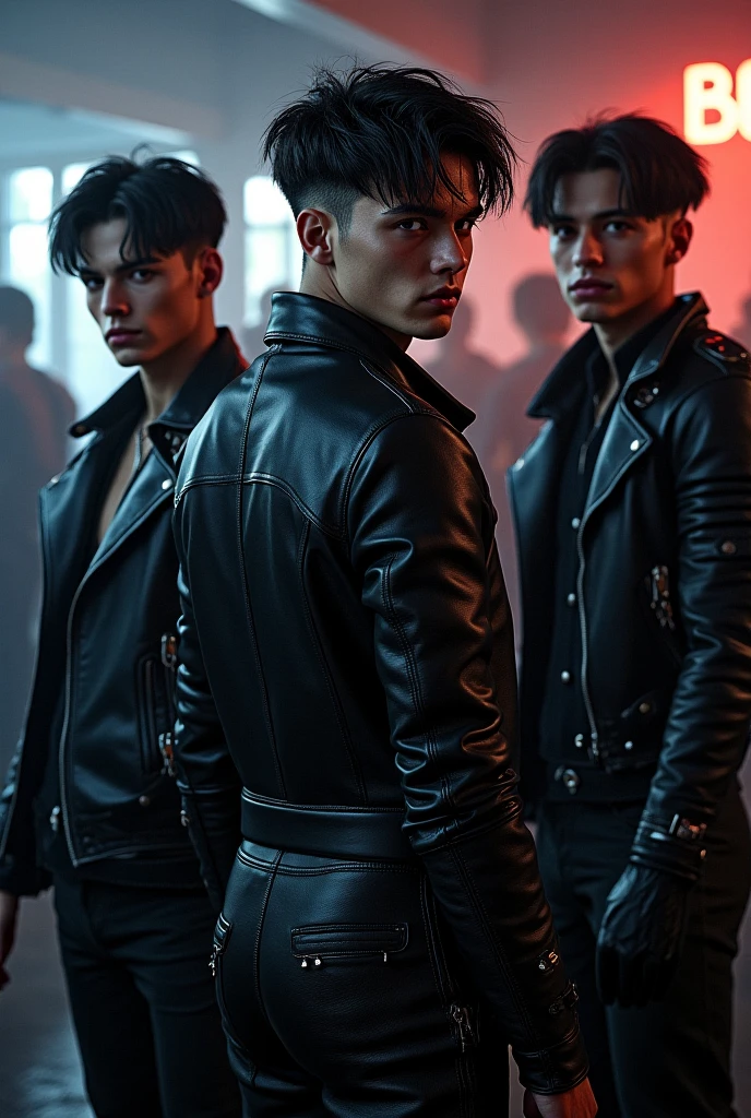 shirtless skinny young men in wet leather pants screams while being chained up in basement