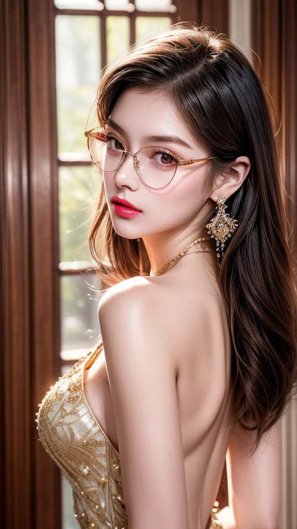 detailed face of half body photo. 25 year old Indonesian girl with a sweet face, big round face and long brown wavy hair, round glasses Wearing red strapless tank top with gold dragon pattern and take a photo at the cassino with exposed her armpits