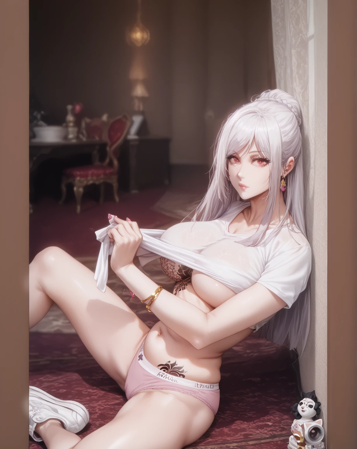 (cowboy shot:1.3),1girl,Irisviel von Einzbern,seductive smile, (solo:1.4), long hair, looking at viewer, blush, bangs, (gigantic_breasts),(hanging breasts), (red eyes), dress, cleavage, bare shoulders, jewelry, sitting,hands up,spread legs,very long hair, closed mouth, collarbone, white hair, thighs, earrings, sleeveless, indoors, necklace, white dress, bracelet,bare foot,parted bangs, sleeveless dress,see-through, couch, bangle, lamp, picture frame, painting \(object\),