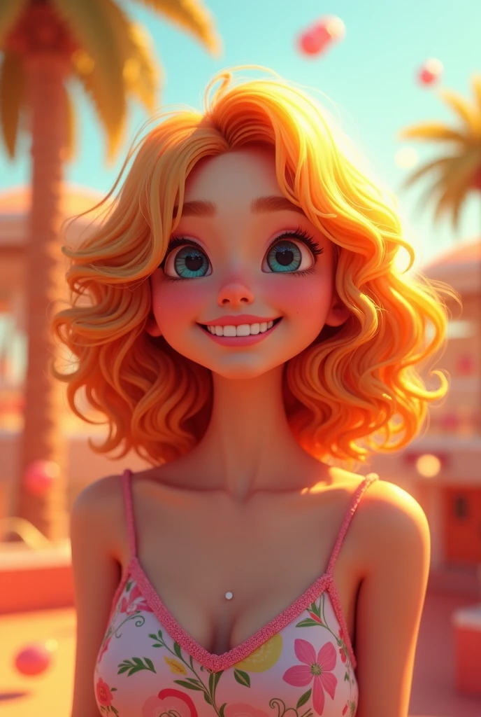 A girl with very curly and voluminous honey-colored hair, With green eyes, her face has a few freckles and she has a very confident look and a very large butt wearing a very tight and short orange dress.