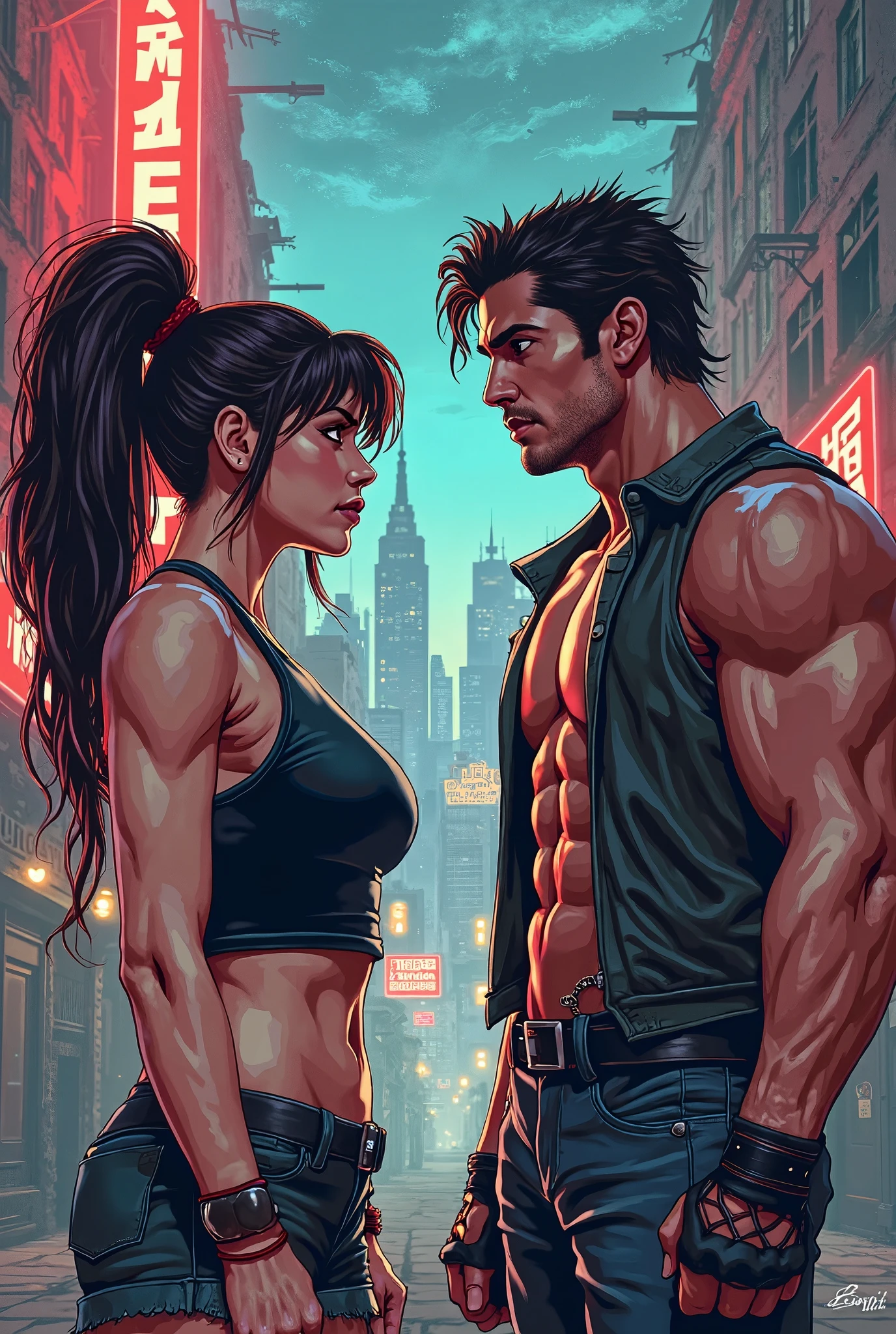 cartoon style more cyberpunk Man and woman in hot erotic scene, man standing, woman kneeling unzipping, em um shopping, pop art, neo noir, comic
