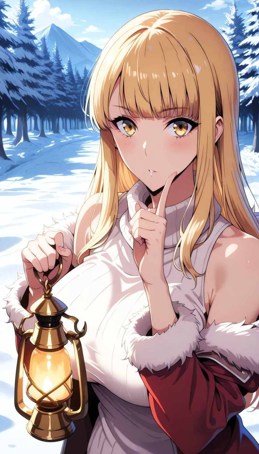 rating: random ,big breast,Index finger to own lips ,hae-in cha, 1girl,solo,yellow eyes,blunt bangs,golden hair long hair, fur trimmed jacket, off shoulder,BREAK outdoor, snowy, Winter, other hand holding lantern, fighting stance