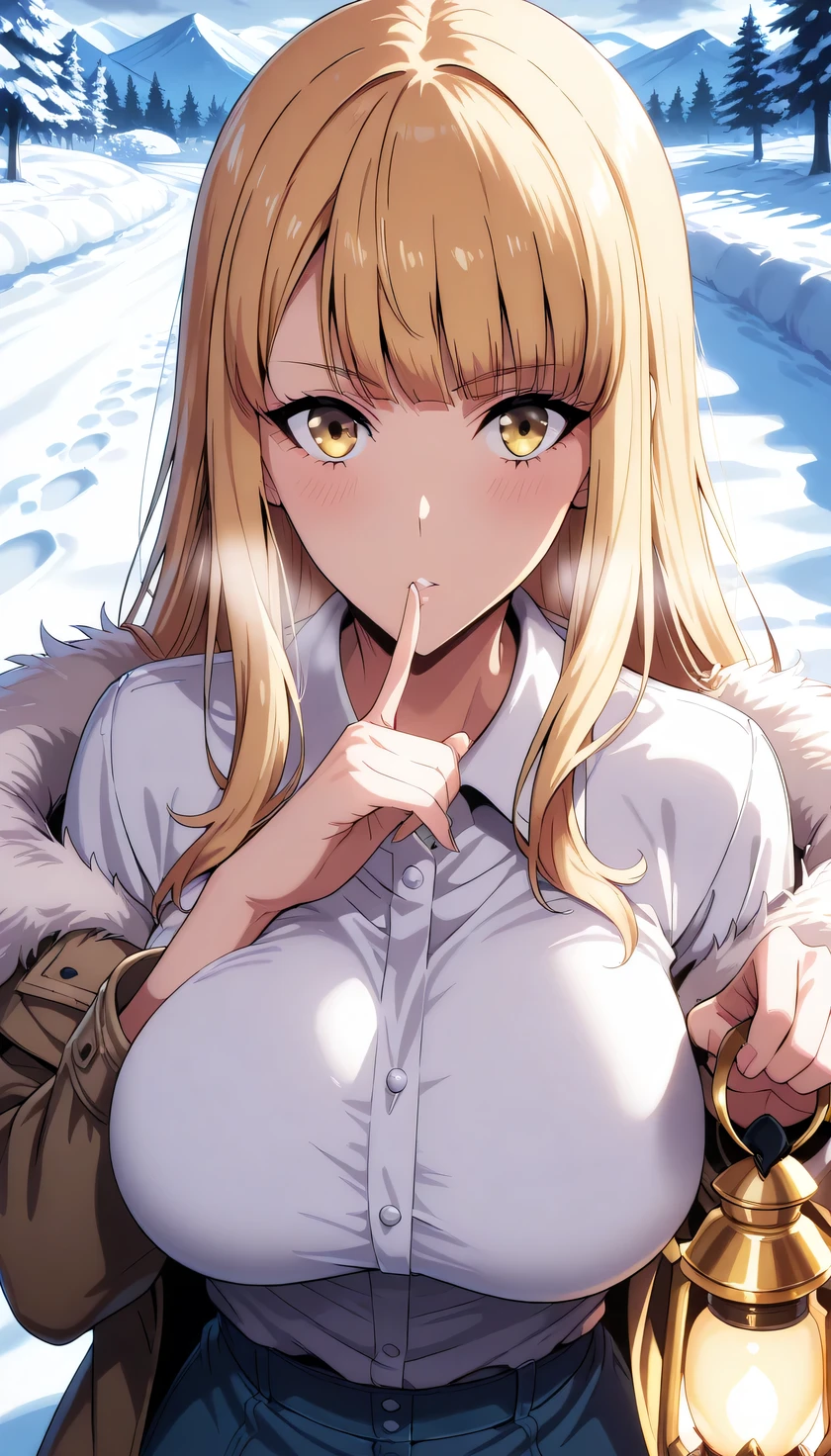rating: random ,big breast,Index finger to own lips ,hae-in cha, 1girl,solo,yellow eyes,blunt bangs,golden hair long hair, fur trimmed jacket, off shoulder,BREAK outdoor, snowy, Winter, other hand holding lantern, fighting stance