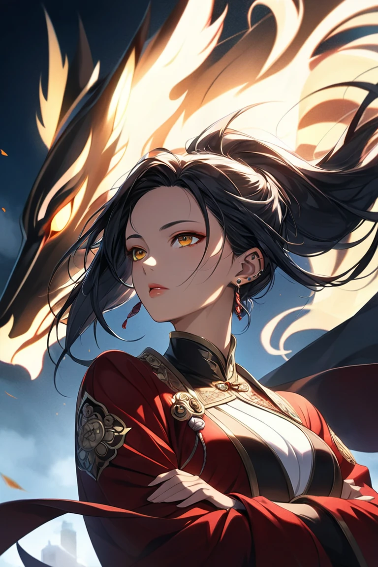 It is an elaborate and intricate fantasy portrait depicting a stout and determined seventeen-year-old woman with an aura, a huge bright blue light behind him, bright black hair, dragons and phoenixes flying, golden light, Chinese martial arts style.