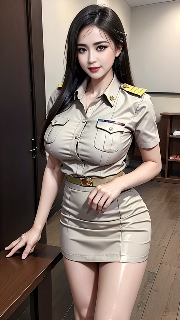 throw: ((((2 girls, 2 girls side by side, Press your chest together., massive, emphasizing the importance of being huge, gigantic , Revealing a deep rift)))) Thai Teacher, beautiful girl, Khaki suit, khaki civil servant, ชุดThai Teacher:1.3, beautiful girlผมlongเป็นพิเศษ, ผมlongสองเมตร, long hair that catches the eye, ผมlongสีดำ, ผมของเธอlongมาก., long, shiny hair, soft hair, ผมlongเป็นพิเศษ, Dynamic posts, like full body, Short sleeve shirtสีกากี, Short pencil skirtสีกากี, side cut, Decorated with military insignia.., black high heels, The sexiest, small waist, hips raised, small thighs, long legs, big breasts, big breasts:1.5, big breast, Very big breasts, eye-catching breasts, A gigantic rift, Not all coverage, big breast, big breast, 400 CC, สาวผมlongสองเมตร, Beautiful face, proportional body, Fascinating figure, red lips, Very shiny, แต่งBeautiful face, military rank insignia, Short pencil skirt, tight, Short sleeve shirt, in the background, Beautiful blur, ultra short skirt, Beautiful like an angel