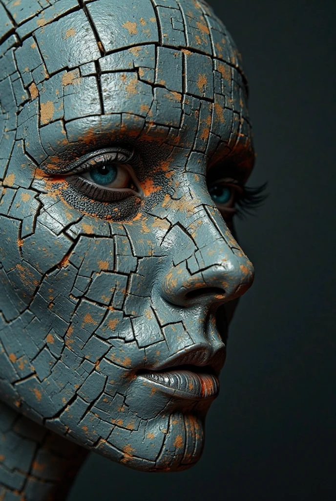 a close up of a person's face on a cracked surface, inspired by Alberto Seveso, featured on zbrush central, orange fire/blue ice duality!, portrait of an android, fractal human silhouette, red realistic 3 d render, blue and orange, subject made of cracked clay, woman, made of lava