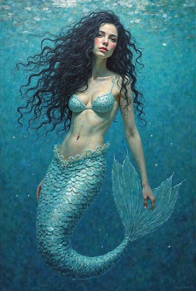 James Gurney, Surrealist art , dream-like, Mysterious, Provocative, symbolic, Complex, detailed,, (Gothic but very beautiful:1.4), (masterpiece, highest quality:1.4) , Nicola Samori Style, mermaid swimming in the sea , Water bubbles