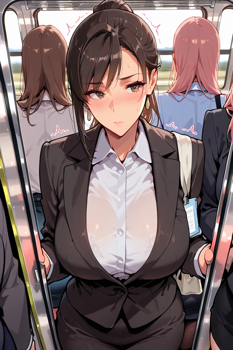 Young boy riding the subway while being crushed by two tall and sexy girls, who stick to him, in anime style