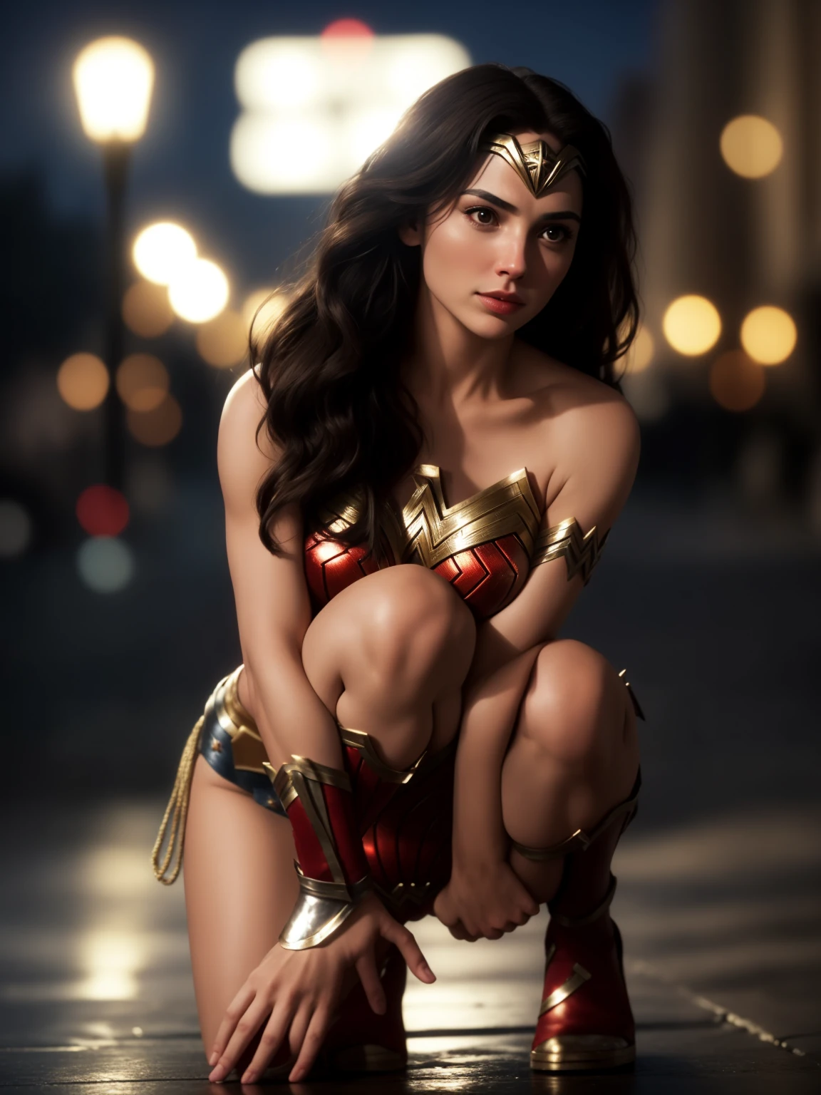 Wonder Woman, RAW, Masterpiece, Super Fine Photo, Best Quality, Ultra High Resolution, Photorealistic Photorealism, Sunlight, Full Body Portrait, Amazing Beauty, Dynamic Pose, Delicate Face, Vibrant Eyes, She Wears Futuristic Red and Gold Color Scheme, No Panties, Very Detailed Abandoned Warehouse Background, Detailed Face, Detailed Complex Busy Background, Messy, Gorgeous, Highly Detailed Skin, Realistic Skin Details, Visible Pores, Sharp Focus, Volumetric Fog, 8K UHD, DSLR Camera, High Quality, photorealism, lomography, translucent