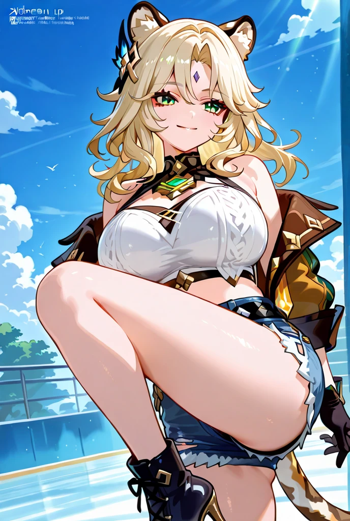 GRANBLUEfantasy,1young_teen_ girl,brown_hair,medium_bob_hair,platina_blond_hair,white_leotard,covered_crotch,thigh-highs,smile,standing,bluesky_landscape_background,slightly_spread_legs,happiness, short_gloves ,solo, r18, navel,relicbuster,short,boots,open_mouth,sitting,knees,blush,shy,bunny_ears