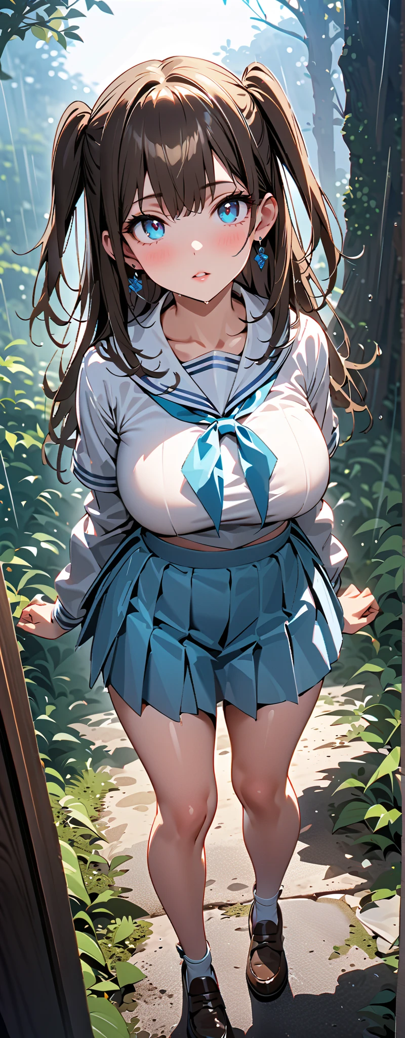 best quality,1girl,((big breasts:1.5)),curvy,orgasm,ahegao,blush,arms behind back, Blue eyes, bow, white , brown hair, red bows, collarbone, hair intakes, hair ornament, letterboxed, long hair, ((school uniform,white shirt,plaid skirt,blue skirt,mini skirt,lift skirt,upskirt,white panties,lace panties,black thighhighs:1.1)),pussy juice,full body,forest,forest林,walking