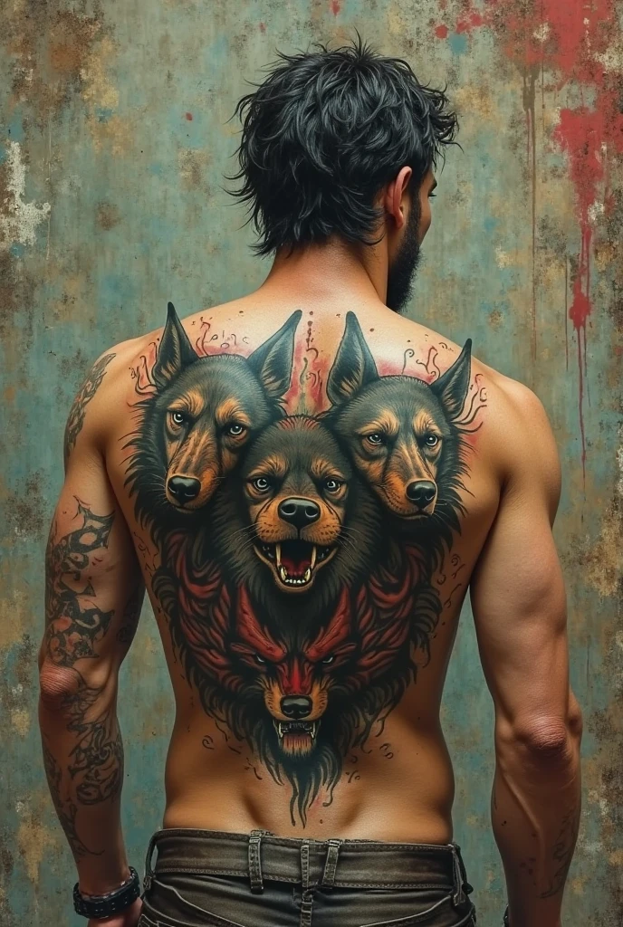 Hell tattoo in the middle of the chest of a wolf on the left side and a skull on the right side, a demonic warrior with brown skin and curly hair