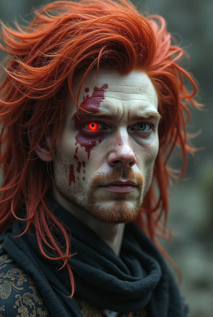bright red hair and red eyes. The guy's face conveys the emotion of despair in a prison cell. He holds back the streaks of tears in his eyes.