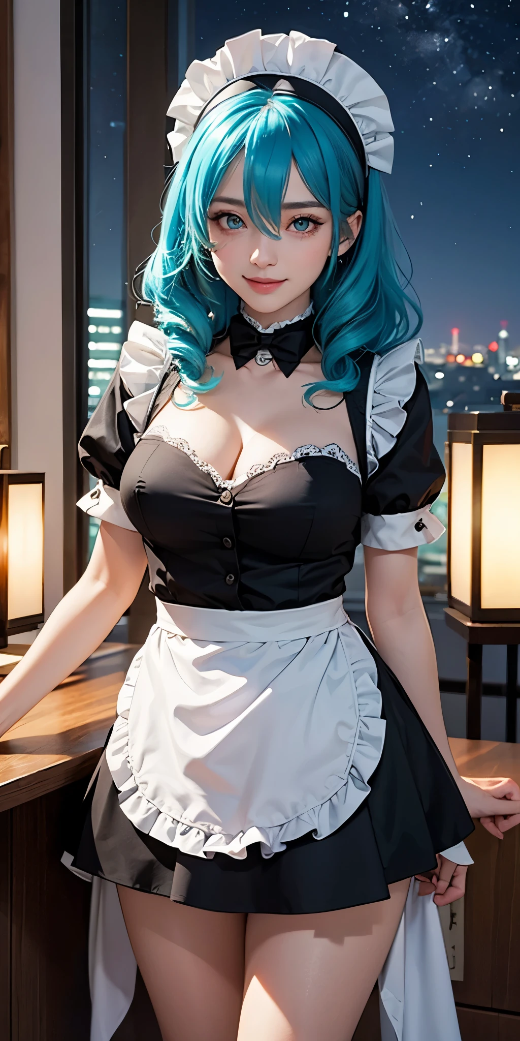 a young woman in a provocative maid costume. She has short, dark Green hair with bangs, blue eyes, large breasts and is wearing a maid headband. Her outfit includes a low-cut, ruffled dress that exposes a significant amount of cleavage, with matching thigh-high stockings that have lace trim. The woman is (on her hands and knees:1.6) on a light blue sheet, looking directly at the camera with a sexy flirty smile while excitingly ripping her clothes off. The background is a ornate detailed luxury mansion bedroom with bling. The overall scene is highly stylized and erotic.