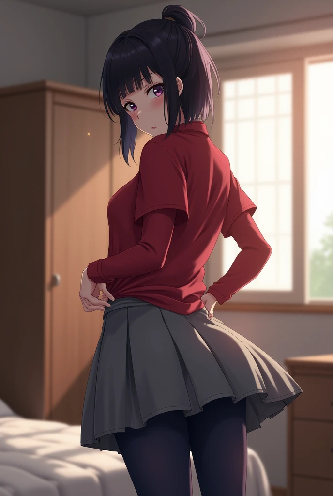 (best quality:1),(high_quality:1),1 girl,fullbody,pretty,pink lips,black hair,swet,BREAK {pixie cut hair}, bangs,flat chest,summer school uniform,tartan checkskirt,(horizontal striped panty), blush,BREAK,lift up skirt with right hand,hidden private, hidden by skirt,standing,pantie pull drop,pantie on knee,skirt cover crotch, in class room,pov,fsb,nice hands, perfect hands,