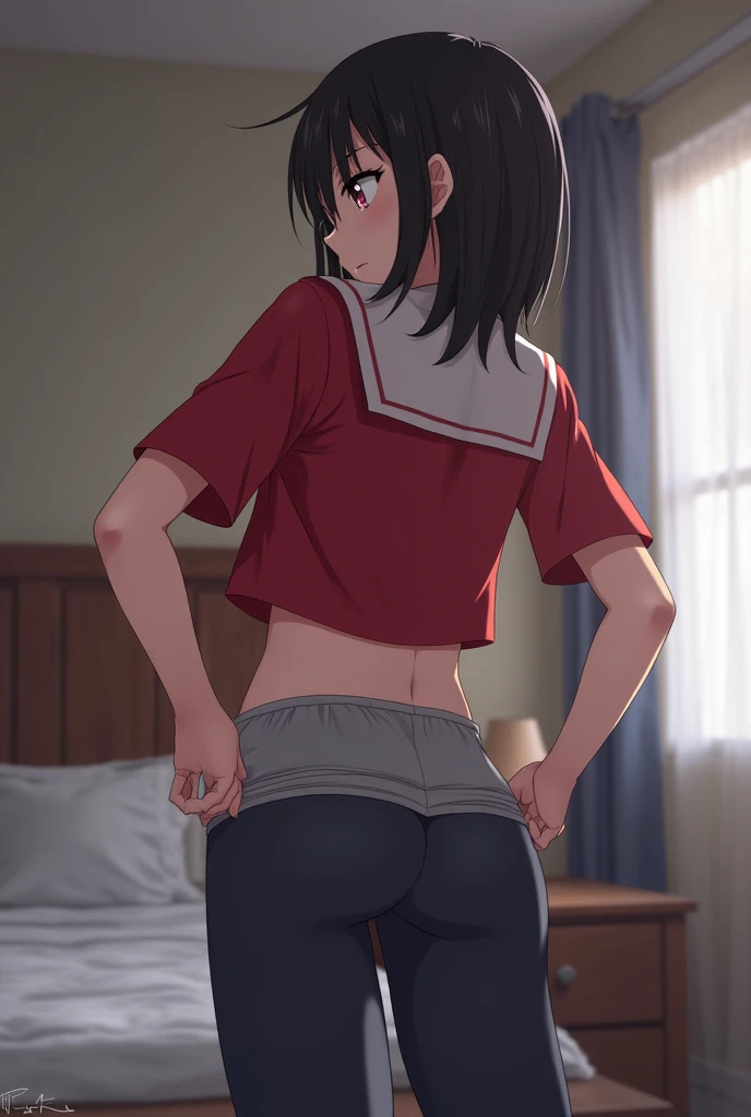 (masterpiece,best quality, detailed), origin,cape, indoors, skirt, looking at viewer, 1girl, solo, smile, ass pov, striped_panties