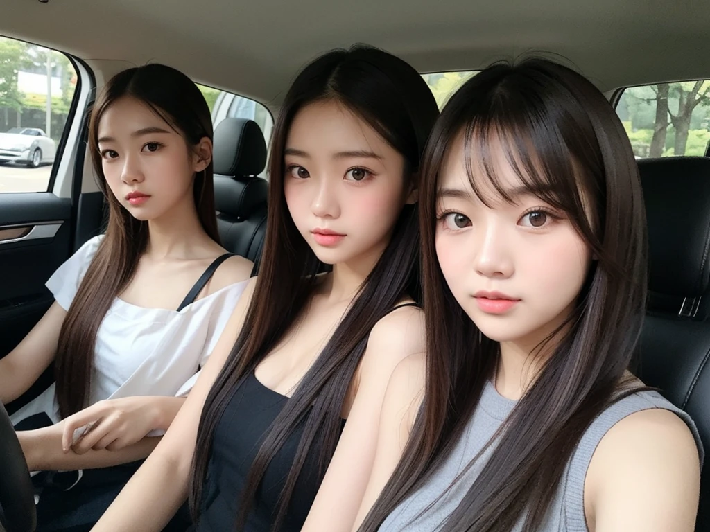 Indonesian girl 19-year-old Hairstyle Casual, F Cup Breasts wearing crewneck dress in car amd driving the car with her friend, they are scared because there are thugs who want to do carjacking and they in car increasingly scared and scream for help.
