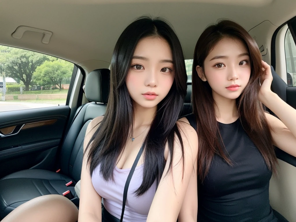  girl 19-year-old Hairstyle fashion  Casual, F Cup Breasts wearing off shoulder collarbone in car and driving the car with her friend