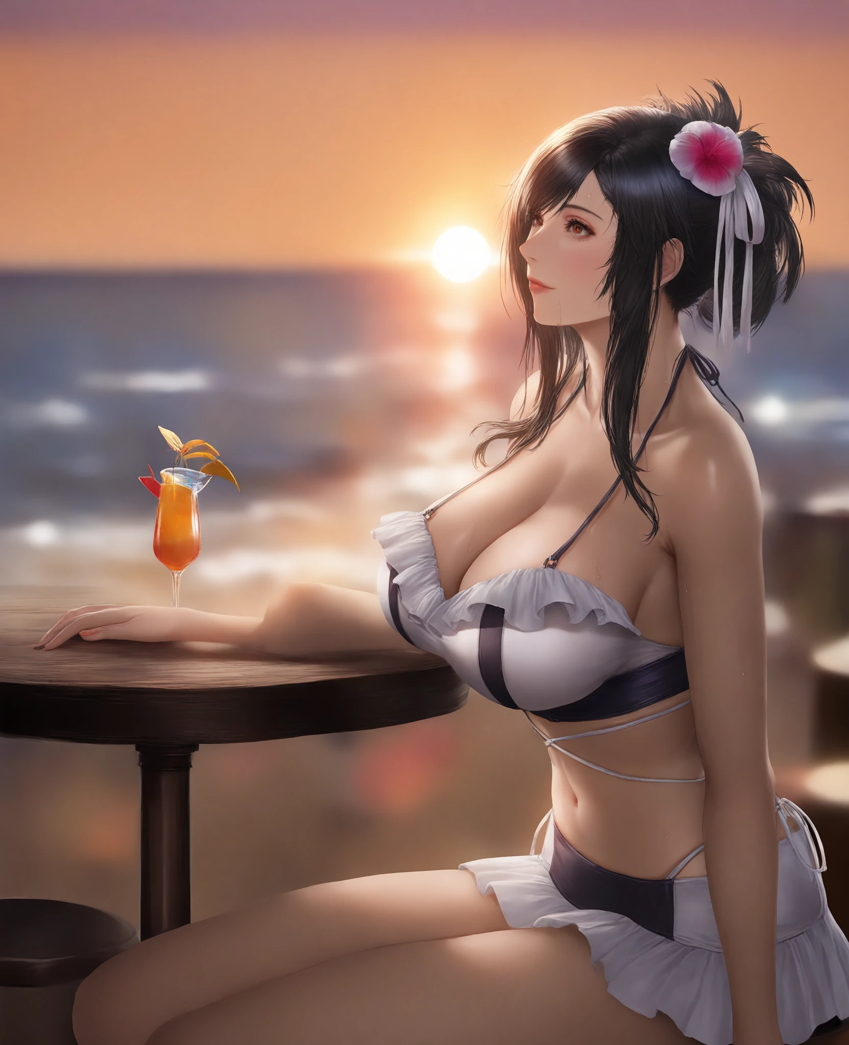 High resolution, high quality, 1 girl, anime girl, dark blue hair,ponytail,long hair,dull bangs, dark blue eyes,closed one eye,clenched teeth,[[pale skin]],Glossy skin, big breasts,beautiful breasts,(big ass),beautiful butt,pink high leg water wear,sitting,arm behind head,(lemon juice),(orange juice),(mango juice),(water),at the cafe,
