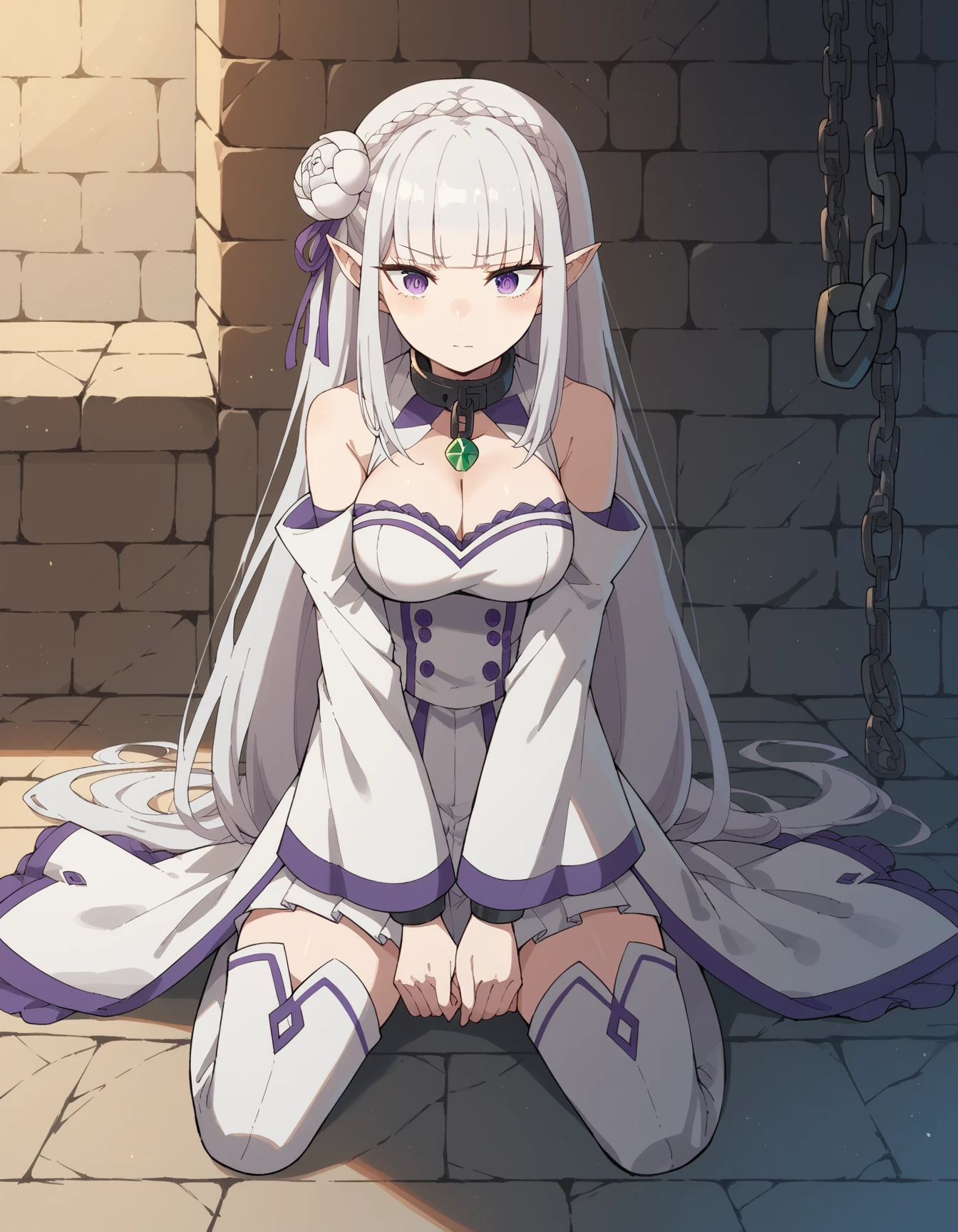 one girl, chained, slave, naive, beautiful white hair, princess, princess of elf, collar, discipline