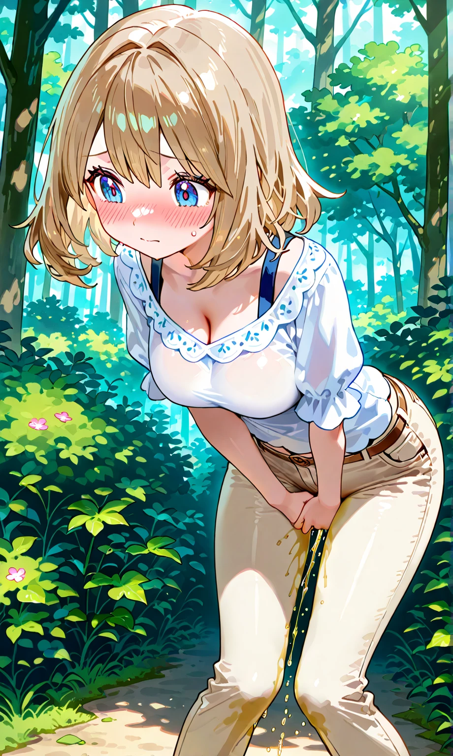 Bratty little sister, brat, bratty, little sister, unkowingly teasing me, sister, young, , short skirt, tight panties, tight shirt, outside, backyard, sunlight, trees, open area, blonde, blue eyes, cute, sexy pose, bratty grin, nipple outline in shirt, cameltoe, pissing herself,